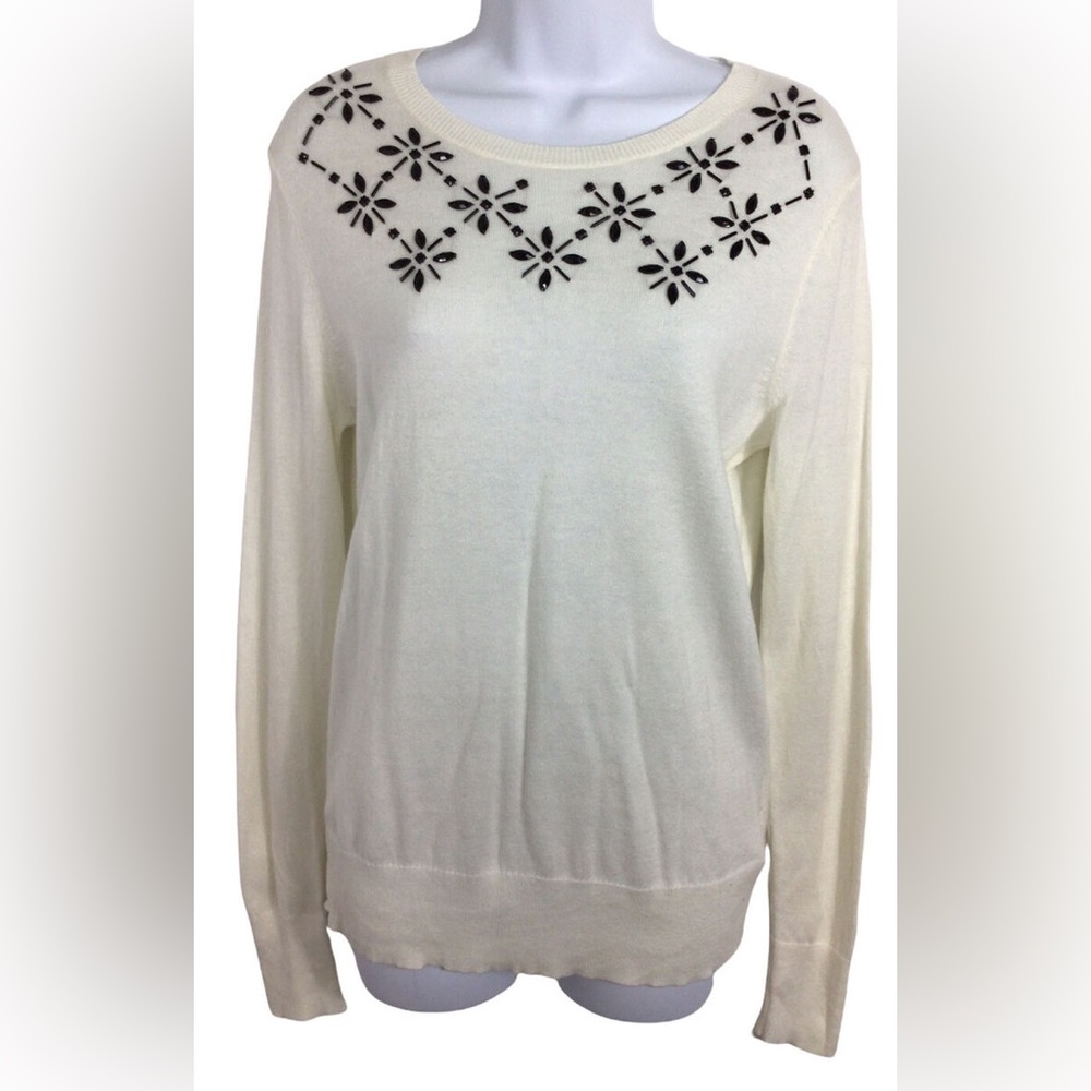 Jones New York S ivory white sweater black crystal embroidery